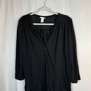 H&M Blouse Womens Size L Black Henley V-Neck Long Sleeve Semi-Sheer Yoke